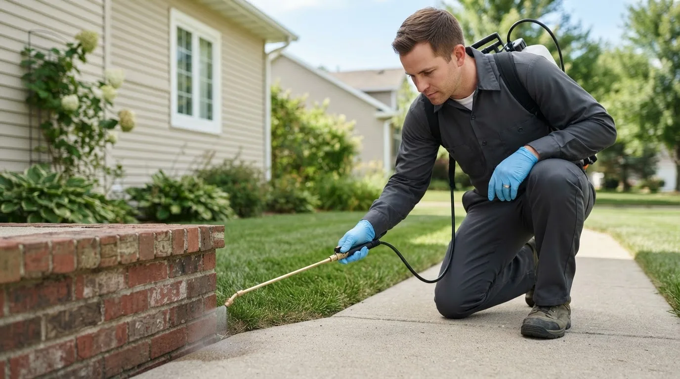 Pest control technician treating a home near Overton, TX